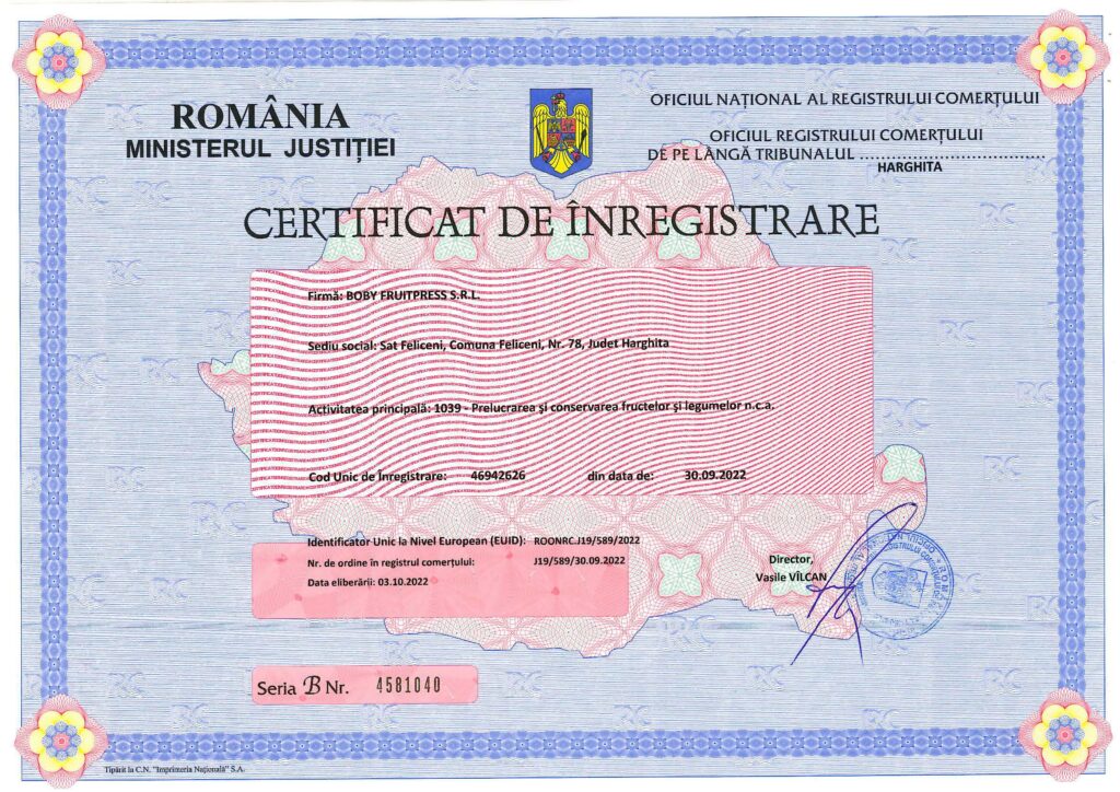 Certificat de inregistrare